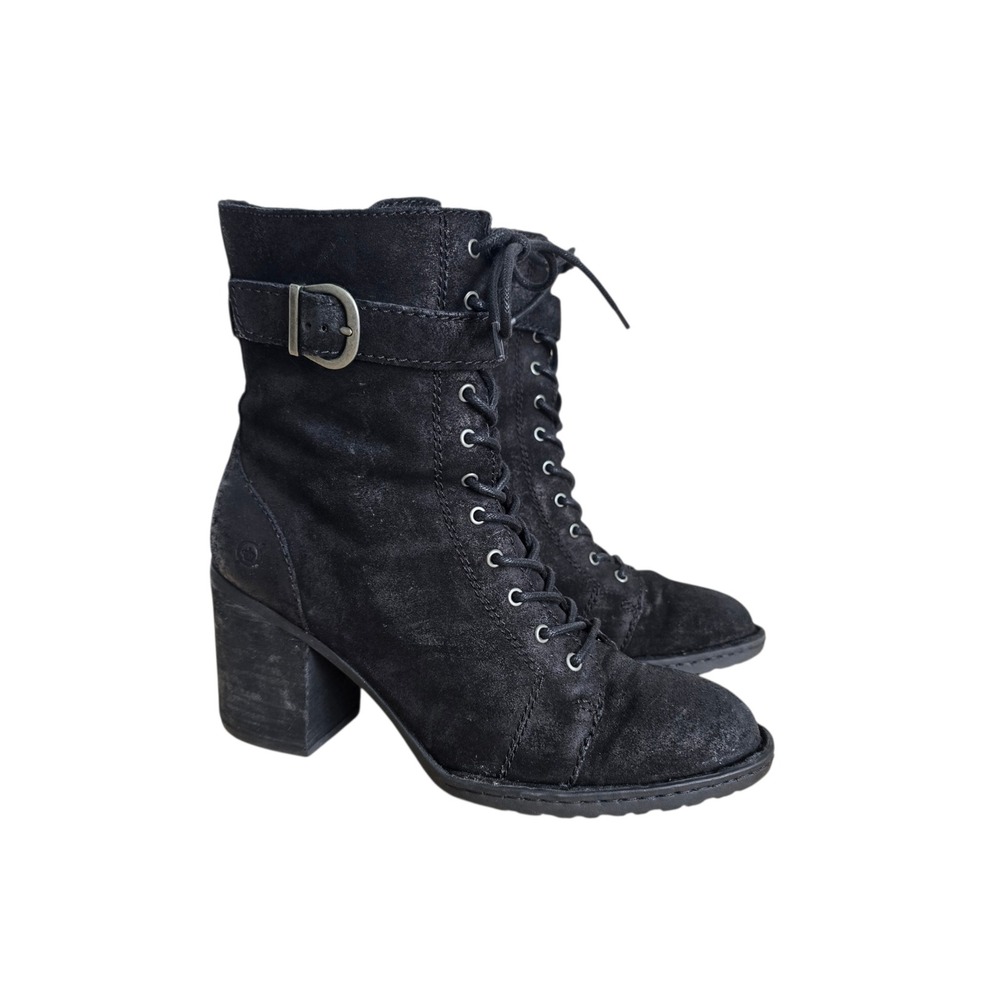 Born Women Black Suede Lace Up Block Heel Combat Boots F34803 CQF19 Size 8.5M